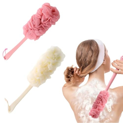 2Pcs Long Handle Shower Body Brush with Bristles 17Inch, Body Brushes Back Scrubbers Bath Dry Brush Mesh Sponge with Curved Long Handle for Men and Women (White Pink)