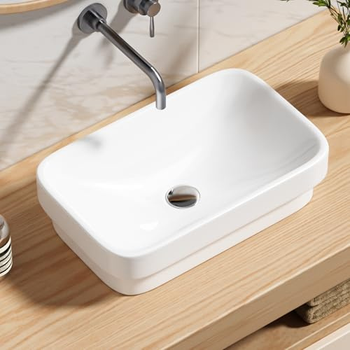Enbol Rectangle Vessel Sink, 20 x 12 White Vessel Sink for Bathroom Above Counter Rectangular Ceramic Countertop Bathroom Vanity ECV2012