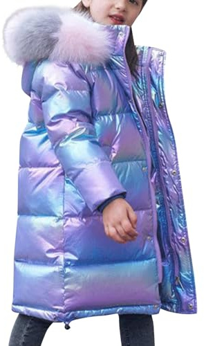 Kids Girls Hooded Shiny Down Coats Girls' Winter Windproof Jacket Casual Quilted Puffer Coat Warm Parka Outerwear Teenage Snowsuit Overcoat with Faux Fur Collar for Girls 4-9 Years