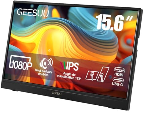 GEESUU 15.6 Inch Monitor Portatile, Schermo con Casse Integrate & Audio Integrato, Full HD, 1080p, 60Hz, IPS, Supporto Rotante a 90°, HDMI/Type-C