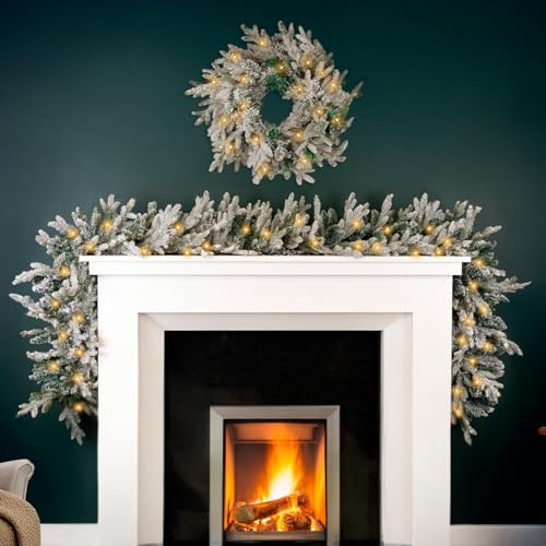 Marco Paul 9ft Frosted Christmas Garland & 50cm Christmas Wreath with LED Lights Pre Lit Artificial Pine Battery Operated Indoor Xmas Decorations for Fireplace, Doorway, Mantel or Staircase