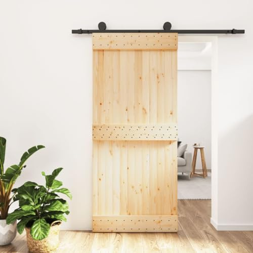 Cancello scorrevole, porta scorrevole con ferramenta, 90 x 210 cm, in legno massello di pino scorrevole, sistema di porte scorrevoli, porte interne, pareti divisorie