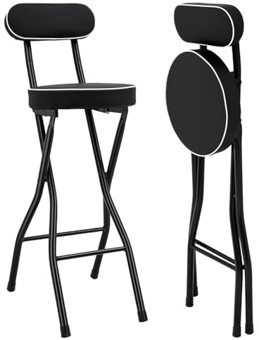SanBouSi 2er Set Barhocker Klappbar 65cm Sitzhöhe, Tragbarer Klappstuhl Mit Rückenlehne & Rundem Polster, Platzsparender Tresenhocker für Küche, Bar & Frühstück, Schwarz