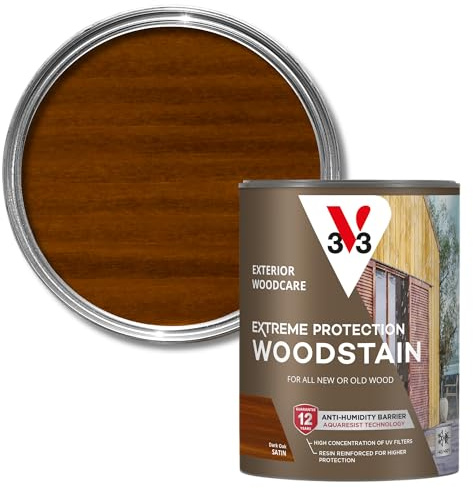V33 Extreme Protection Woodstain for Exterior Wood, Dark Oak Satin, 750ml | 12-year guarantee, Water-based formula, Waterproof barrier, UV resistant technology, Non-drip formula, For new & treated wood