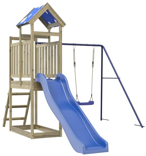 Spielturm aus imprägniertem Kiefernholz mit Schaukel, Wellenrutsche, Sandkasten und Leiter, Gartenspielgerät für Kinder 3-8 Jahre, stabiles Klettergerüst für draußen, wetterfest und sicher