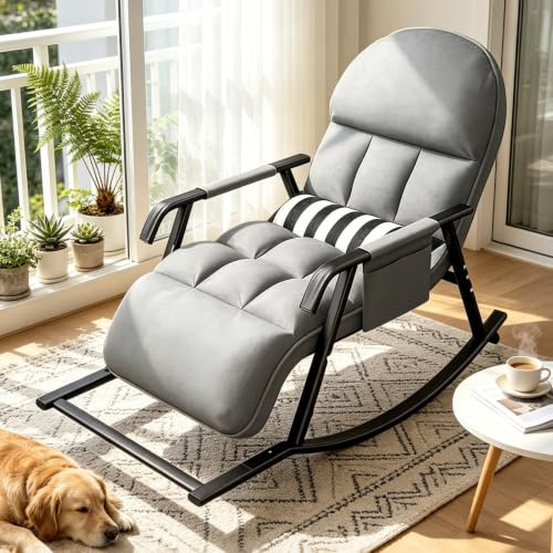 TerraVibe Schaukelstuhl Wohnzimmer, Schaukelstuhl mit fußstütze, Schaukelstuhl Outdoor, Verstellbare Schaukellehne und Fußstütze, Gepolsterter Schaukelsessel für Wohnzimmer, Balkon (Grau.)