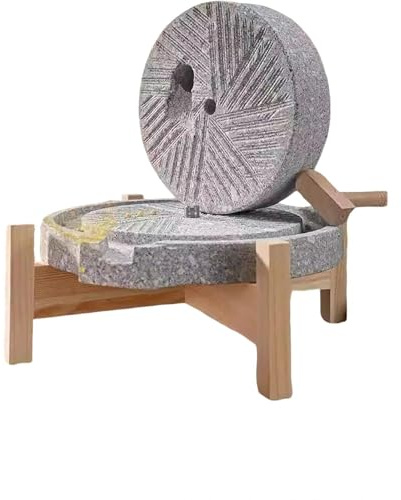 Naturlig sten kornkvarn, hantverksmässig hushållskvarn med träbas, för vete, kryddor, kaffebönor, bröd, tortillor