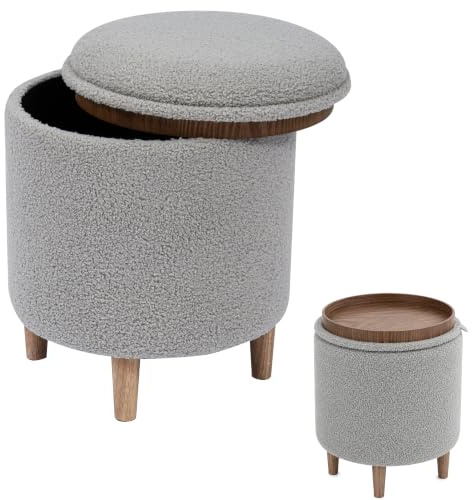RIOGOM Puff Almacenaje, Banco de Almacenamiento, Reposapiés con Patas, Otomana, Boucle, Reposapies Sofa, Taburete almacenaje, Banco almacenaje, Banco almacenaje Asiento, Ø36x45.5 (Gris, Borrego)