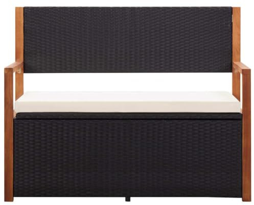 Fecpoo Poly Rattan Truhenbank 115 cm Schwarz Akazie Stauraum | Wetterbeständig aus PE-Rattan & Akazien-Massivholz, 110 kg Tragkraft, abnehmbares 3 cm Kissen