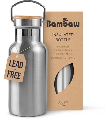 Bambaw Edelstahl Trinkflasche 350ml, Isolierte Trinkflasche ohne Plastik, Hält Getränke 24h Kalt und 12h Heiß, Doppelwandig, Aus Qualitätsedelstahl Hergestellt, Schlank & Mit Griff (Silber)