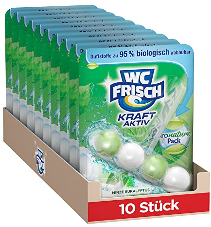 WC-Frisch Kraft Aktiv Pro Nature Minze und Eukalyptus (10er Pack), WC-Reiniger für Reinigung bei jeder Spülung, Duftsteine mit 95 % biologisch abbaubaren Duftstoffen für langanhaltend frischen Duft