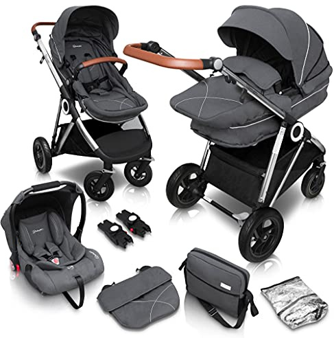 babyGO Halime Air Kinderwagen 3 in 1 - Luftreifen Edition perfekt für jedes Gelände - Voll-Gummireifen - Wickeltasche/Regenschutz/Wintersack (Grau-Silber Gestell)