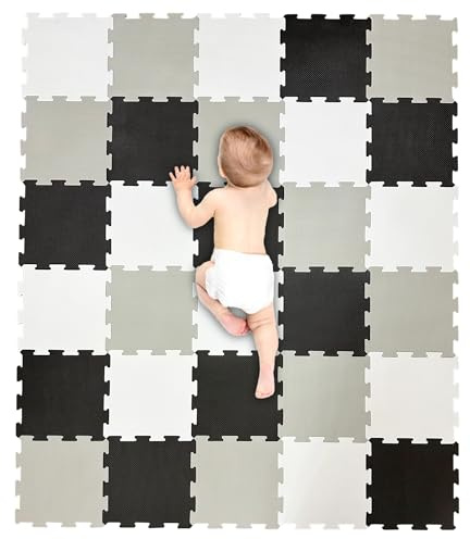 30-Mats Baby Mat EVA Interlocking Floor Tiles Soft Foam Kids Play Mat Gym Yoga Exercise Fitness Jigsaw puzzle Carpet (Grey/White/Black, 30 pc)
