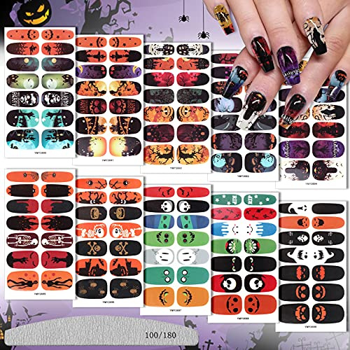 EBANKU 10 Blatt Halloween Full Wraps Nagellack Aufkleber | Nail Sticker mit 1 Nagelfeile, Selbstklebende Nail Art Decals für Frauen Mädchen DIY Nail Art Dekoration oder Nagelstudio