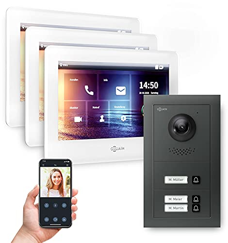 Goliath Hybrid - 2-Draht | Full-HD Video Türsprechanlage | App | 3-Fam | 3 x Full-Touchscreen 7 | Aluminium Unterputz Türstation | 3 Klingel | 180° Ultra-Weitwinkel | AV-BUS-630
