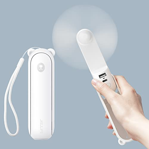 JISULIFE Handventilator Mini Ventilator 3 IN 1, mit 4500 mAh Powerbank USB Akku Klein Ventilator, Batteriebetrieben Max 37Hrs Runtime Tragbarer Ventilator, Taschenlampen Funktion-Weiß