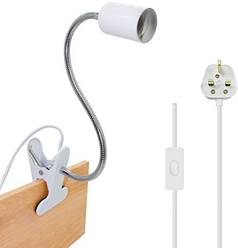 Clip on Bulb Holder Flexible E27 Lamp Holder Metal Clip on Light, White Clamp Light with 360° Rotatable Gooseneck and 220 cm Plug in Cord, Clip Desk Lamp for Bedroom Office, 60 W（Bulb not Included）
