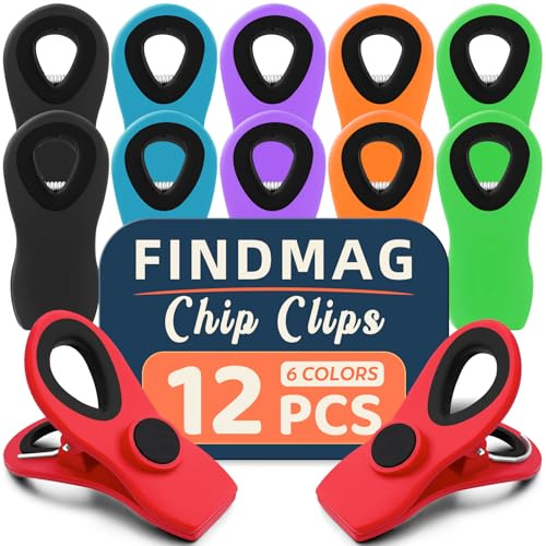 FINDMAG Chip Clips, 12 Pack Magnetic Bag Clips with Airtight Seal for Chips, Kitchen Clip with Magnet for Fridge, Plastic Assorted Colors Bag Clip for Food Storage, Snack Organization, Edge Clamp