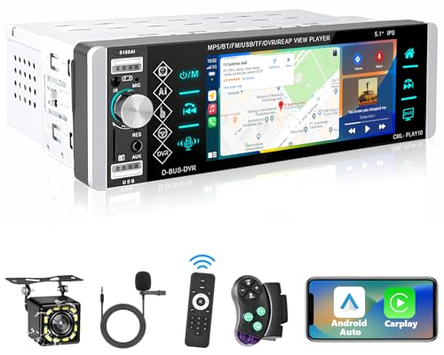 Podofo Autoradio Bluetooth 1 Din con Carplay, Android Auto, Autoradio con Display IPS da 5,1 Pollici Supporta la Connessione Specchio, FM Radio + Telecamera Posteriore e Microfono