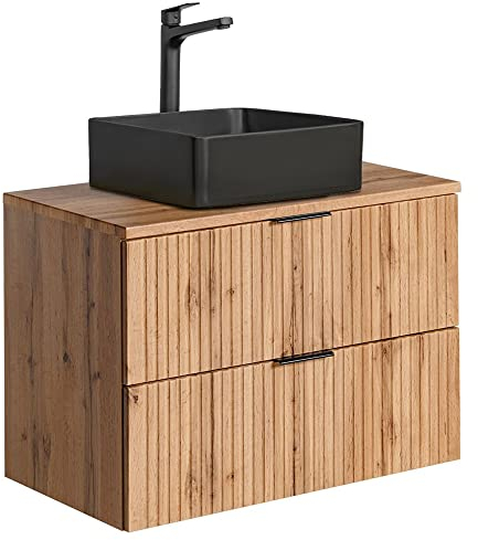 Lomadox Badmöbel Waschtisch mit 80 cm Unterschrank Set, Wotaneiche gerillt, Keramik-Waschbecken schwarz, 2 Softclose-Schubkästen, B/H/T 80,6/72,2/46,5 cm