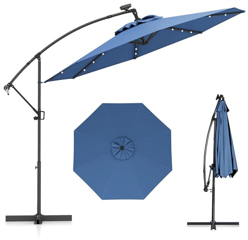 COSTWAY Parasol de Jardin Extérieur 3M avec 32 LED Solaire (Bleu Clair) | Parasol Déporté avec Manivelle, Inclinable et Rotation à 360°, Socle en Croix pour Patio, Terrasse, Balcon