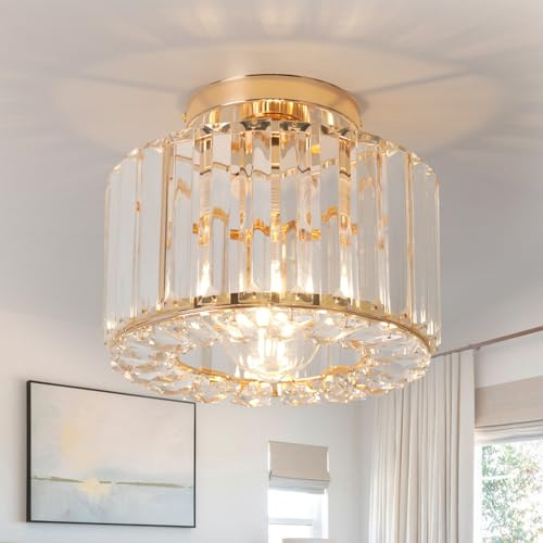 Higufyier Gold Ceiling Lamp, Semi Flush Mount, Small Crystal, Entryway Chandelier for Dining Room, Bedroom, Kitchen