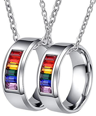 BCughia Partnerketten mit Ring, Partner Ketten mit Ring Silber Halskette Gravieren Silberner LGBT Ring mit Regenbogen Zirkonia Necklace für Ehemann
