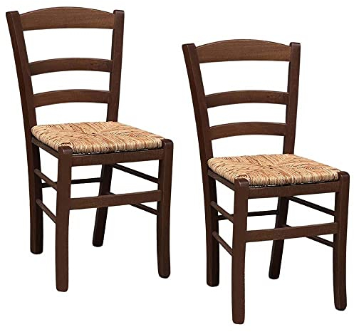 Dunkler Nussbaum Holzstuhl mit Sitz aus Reisstroh x 2