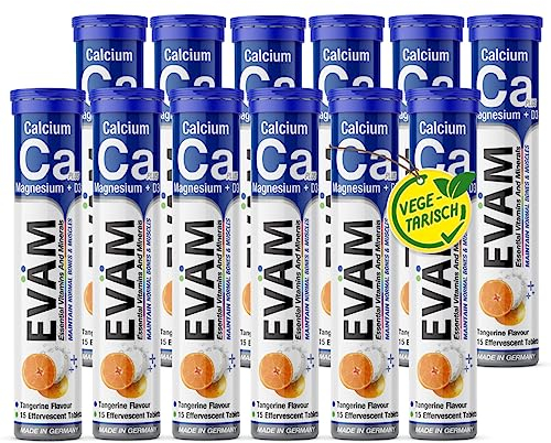 EVÄM Calcium Magnesium D3 Brausetabletten I Geschmack Mandarine I 12x 15 Stück I Nahrungsergänzungsmittel zur Unterstützung von Knochen und Muskeln I für Vegetarier geeignet I Made in Germany