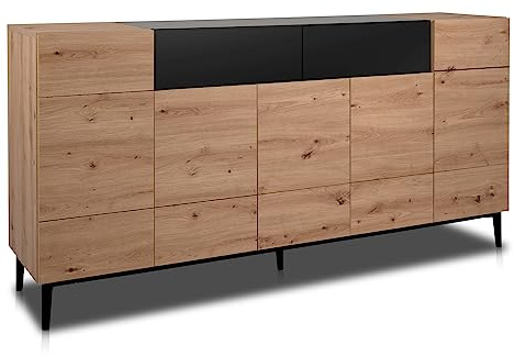 KHG Sideboard mit 2 Schubladen 12 Fächern & 5 Drehtüren modern, Schublade | aus Holzwerkstoff Holzoptik lackiert, Gestell & Akzente in schwarz, 180x90x42 cm (B/H/T), Tür, Türen, für Stauraum