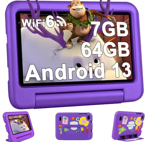 Oangcc 2025 Latest Tablette 7 Pouces Android, 7Go+64Go/TF 1To | WiFi 6 | Quad-Core| BT 5.0 | Contrôle Parenta l Apps Pré-installé | Dual Cameras | Tablettes avec Étui Anti-Chute -Violet