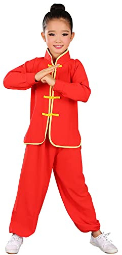 YEMYIQZ Kids Kung Fu Clothing Traditional Tai Chi Uniforms for Boys Girls Chinese Martial Art Wing Chun Long Sleeve Tang Suit (US, Alpha, XX-Large, Regular, Red)