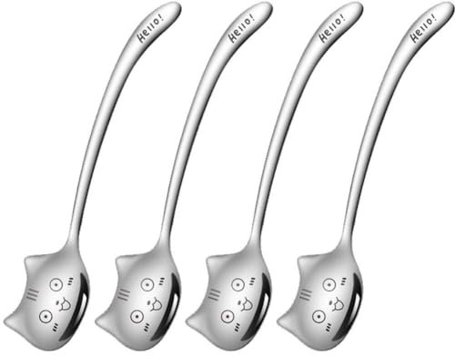 Cuillère à Dessert Amusante en Acier Inoxydable 4 pièces cuillère à Glace pour Chat cuillère à Long Manche pour remuer Le thé Le café et Le Sucre