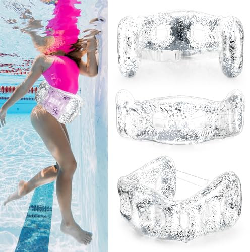 RoundFunny Water Aerobics Exercise Belt Water Belts for Pool Exercise Inflatable Glitter Sports Aqua Fitness Flotation Swimming Belt Water Aerobics Equipment for Pool Water Training(Clear, Silver)