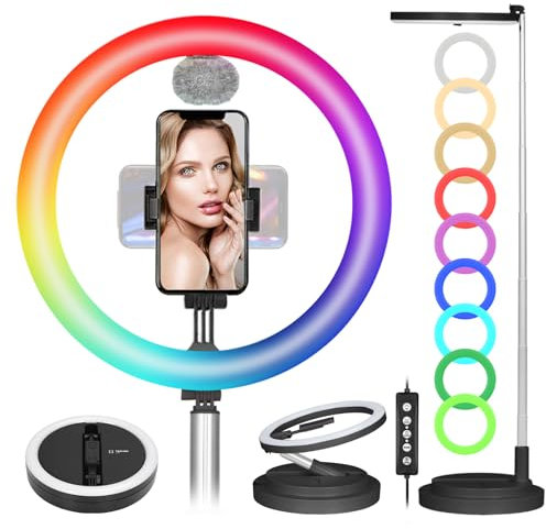 TARION Foldable Ring Light with Stand - Portable 11.8 Selfie RGB Ring Light 17 Color Modes Circle Light with Phone Holder & Cold Shoe Mount Adjustable 20.5-66.5in/52-169cm for Live Stream Black