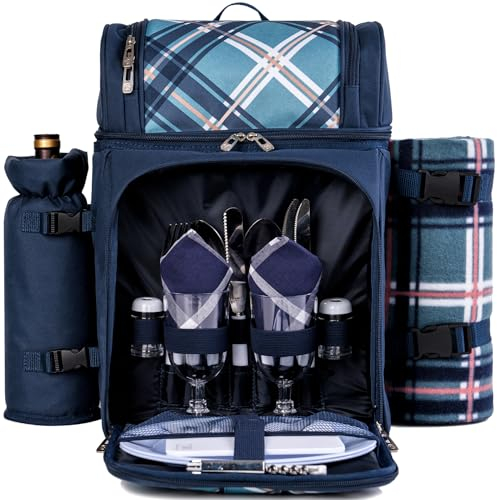 ALLCAMP Picknickrucksack für 2 Personen mit isoliertem Kühler, abnehmbarem Weinhalter, Fleecedecke & vollständiges Picknick-Set für Outdoor, Familie, Paare (Blau)