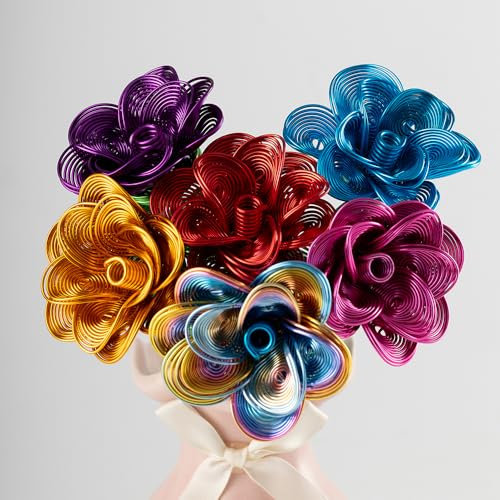 Lot de 6 roses en métal faites à la main imperméables et antirouille fleur artificielle - Décoration florale en aluminium rosée - Ne se fane jamais - Amour éternel - Pour cour, cuisine, salle de bain