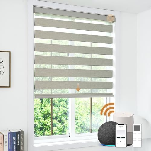 JOYENG Motorized Zebra Blinds, Cordless Blackout Window Shades with Remote, Custom Dual Layer Smart Roller Shades Compatible with Alexa Google Assistant, Automatic Light Filtering Blinds,Warm Grey