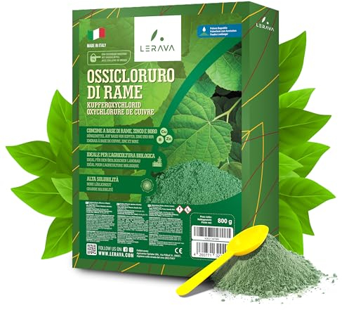 LERAVA® Ossicloruro di Rame [BIO] - Verderame per piante da Frutto e Orto - Fungicida Rameico contro Peronospora e Bolla del Pesco - Concime fogliare 800g Polvere bagnabile - Verderame per pomodori