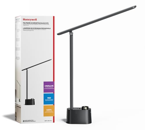 Honeywell Upgraded LED Desk Lamp - H01 Pro Sunturalux™ Foldable Desk Light with USB A+C Charging Ports, 3 Color Modes Dimmable Table Lamp for Home Office Reading(Black)