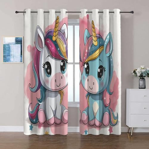 Rosa Vorhänge Blickdicht Cartoon-Einhorn Verdunklungsvorhänge Kinderzimmer Junge Mädchen Vorhang 2er Set B75 x H166 cm Gardinen mit Ösen Schlafzimmer Fensterdekoration