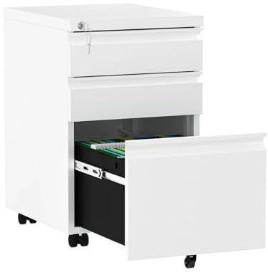 Vertikaler Aktenschrank mit 3 Schubladen, mobil, Büro, Metall, abschließbar, A4, Weiß
