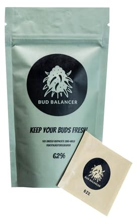 BUD BALANCER™ Humidity Packs & Curing Bag 2in1 Lösung - 62% Luftfeuchtigkeit halten Kräuter und Blüten frisch - 28 g Kräuter je Humidity Pack - Natürliche Inhaltsstoffe - 5 Stück je 8 g