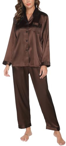 Reliwel Satin pyjamas dam med knappslå långärmad tvådelad pyjamas dam lång v-ringad nattkläder mysig klassisk vardagsklädsel hemmadräkt pyjamas för alla årstider, BRUN, M