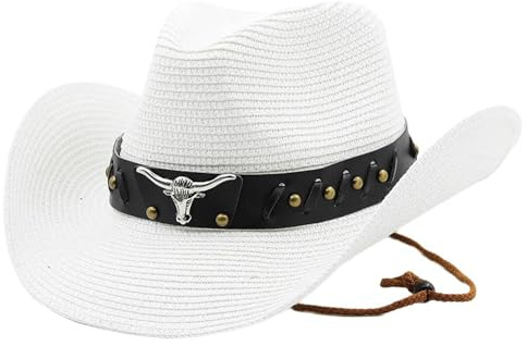 Meiliyizu Strohhut, Stierkopf, PU-Gürtel, Strohhut für Damen und Herren, atmungsaktiv, Cowboyhut, Westernhut, Sonnenschutz, Strandkleidung, handgefertigt, Urlaubskappe