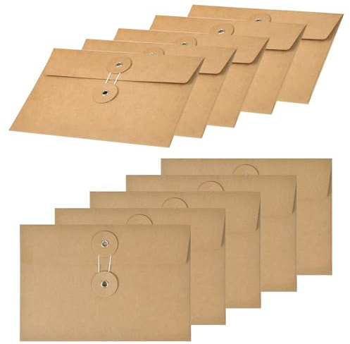 10 Stück Vintage Umschläge, Dicke Kraftpapier Briefumschläge Bunt mit Schnürverschluss für Grußkarten, Weihnachtskartenset, Pocketfold Karte, Fmappe, Geschenkkuvert