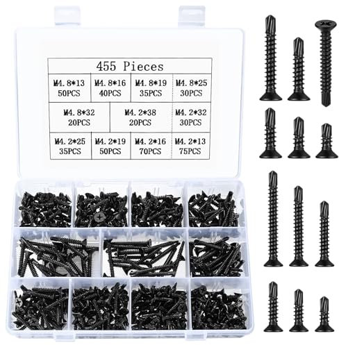 455 Pcs Vis Autotaraudeuses à Tête Plate, M4.2 M4.8 Vis Autoperceuses à Tête Fraisée, Visserie Vis à Tôle à Tête Cruciforme en Acier au Carbone Noires pour Bois, Métal, Plastique