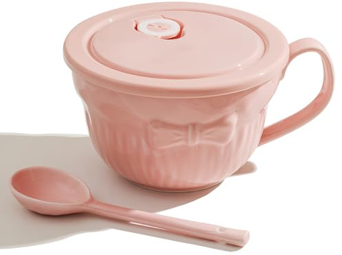 Dowbom Porcelain Ramen Bowl 800ml, Instant Noodle Microwave Safe, Soup Bowl, Large Soup Mug (Pink,Bowl&Lid&Spoon)