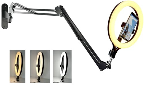 Supporto per telefono da parete con luce ad anello, 28 cm, luce per selfie con braccio a parete compatibile con Samsung e iPhone 16 15 14 13 12 11 Xr Xs X pro max