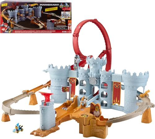 Hot Wheels-bilbanset, Mario Kart Bowsers slott, lekset och formgjuten Kamek i skala 1:64, interaktiv lek, med förvaring för mer än 30 fordon, JHD24